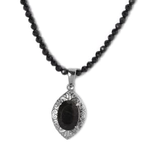 Australian Black Tourmaline 67.75 ctw Pendant With Quartzite Beaded Necklace 20 Inches in Stainless Steel