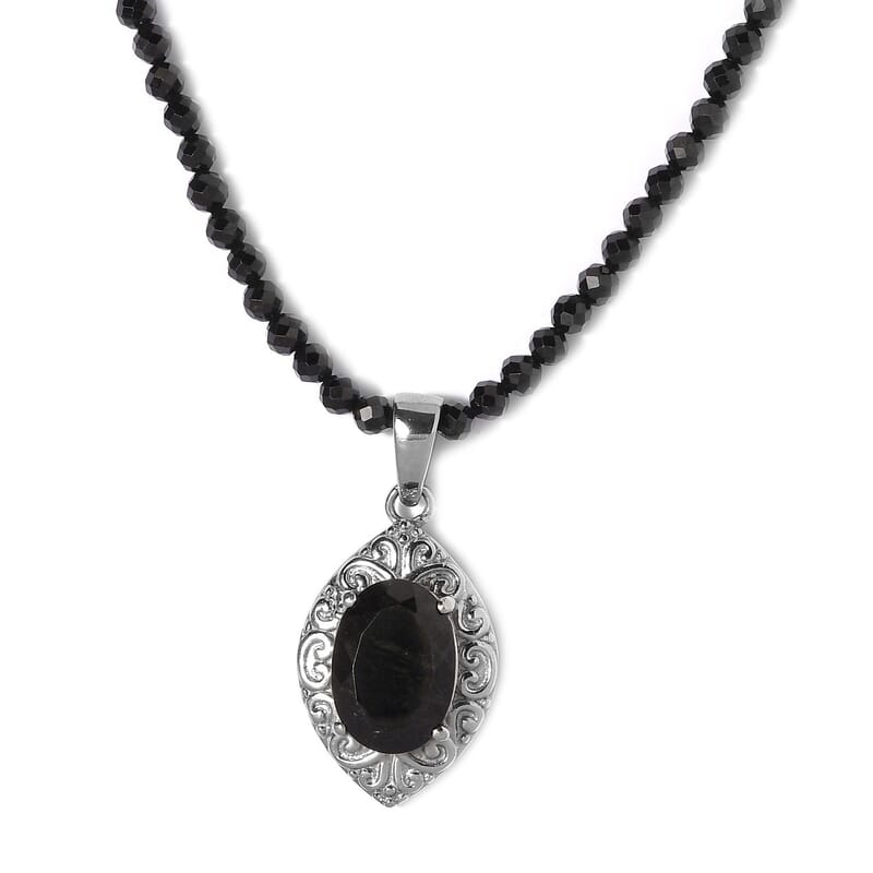 Australian Black Tourmaline 67.75 ctw Pendant With Quartzite Beaded Necklace 20 Inches in Stainless Steel