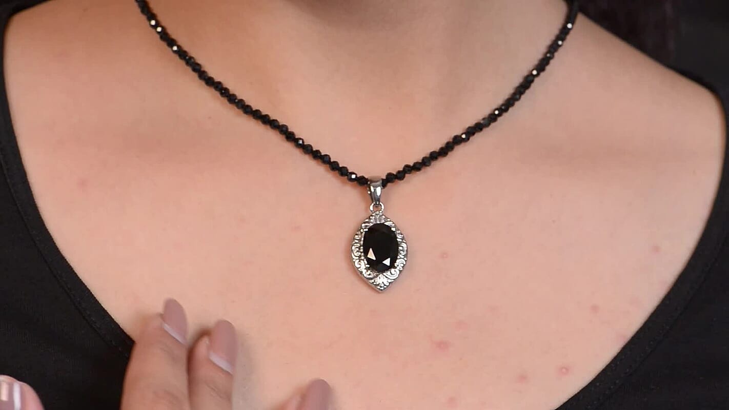 61.45 ctw Australian Black Tourmaline Pendant With Quartzite Bead Necklace 20 Inches in Stainless Steel