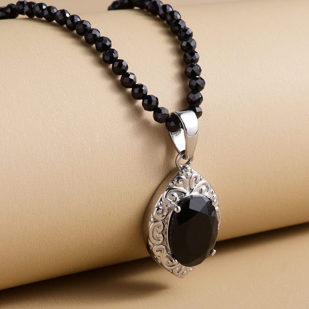 Australian Black Tourmaline 67.75 ctw Pendant With Quartzite Beaded Necklace 20 Inches in Stainless Steel image number 1