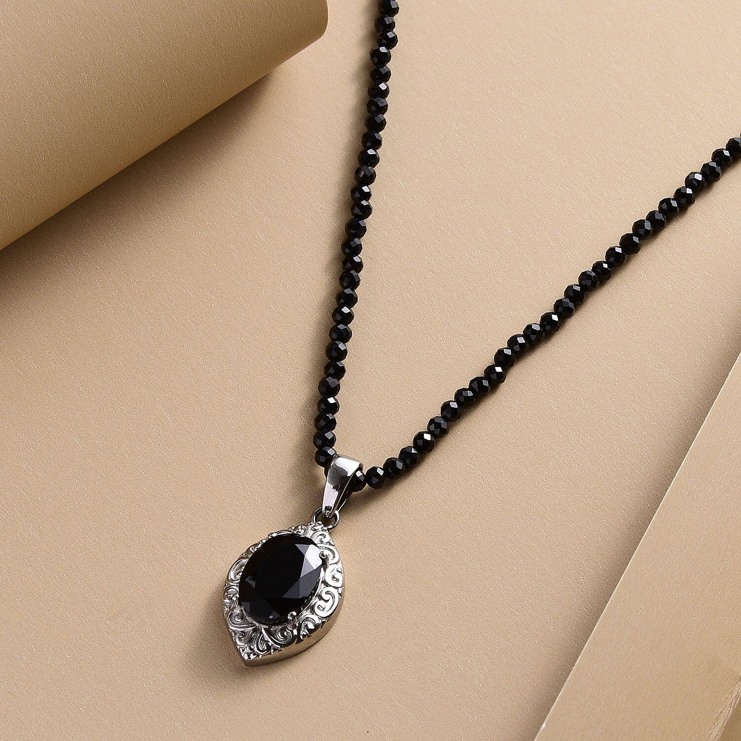 Australian Black Tourmaline 67.75 ctw Pendant With Quartzite Beaded Necklace 20 Inches in Stainless Steel