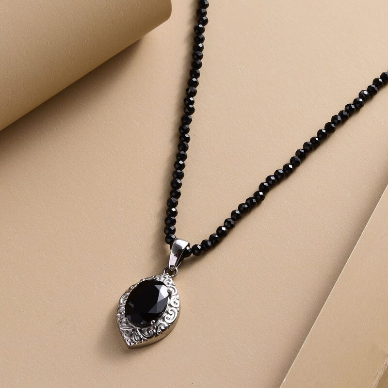 Australian Black Tourmaline 67.75 ctw Pendant With Quartzite Beaded Necklace 20 Inches in Stainless Steel