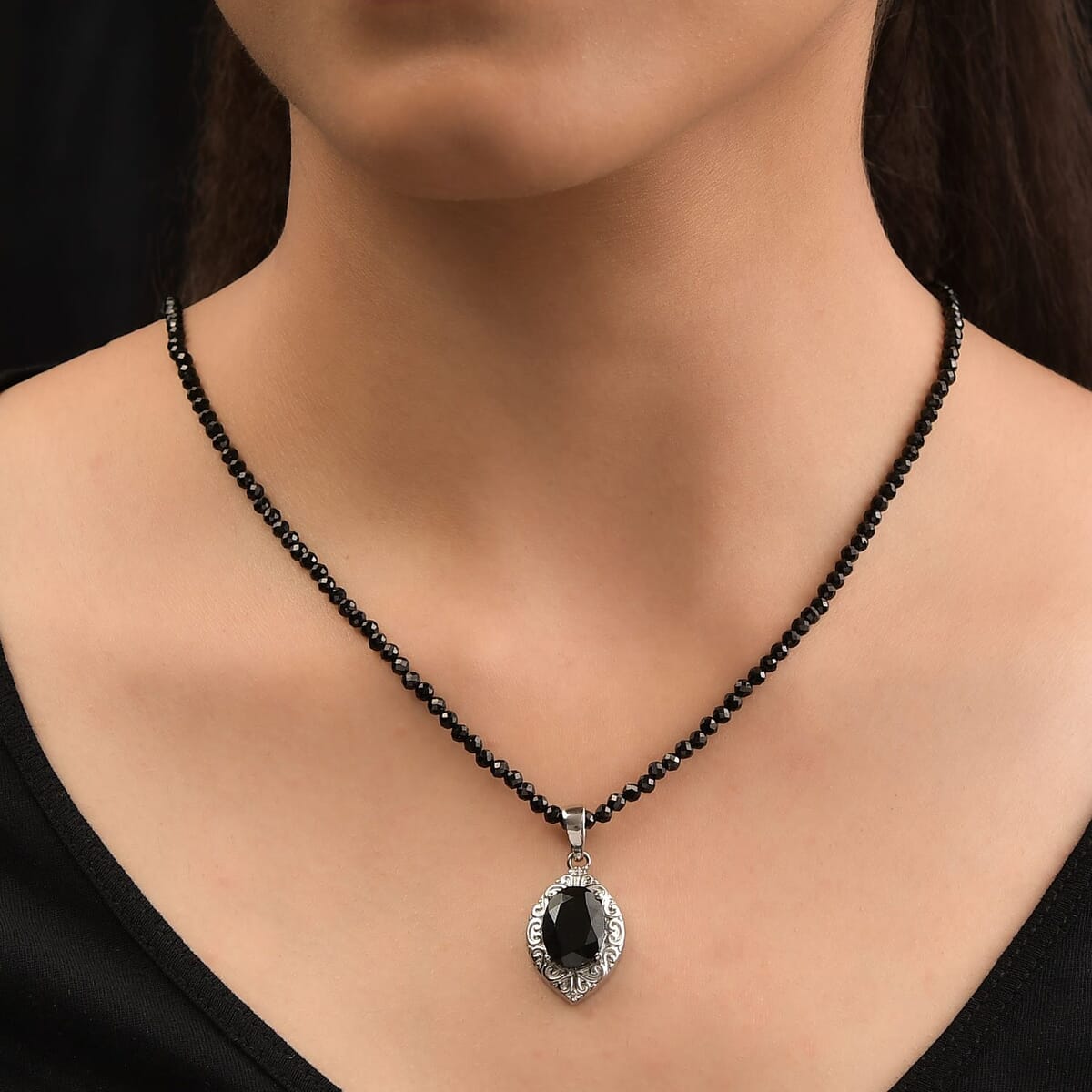 Australian Black Tourmaline 67.75 ctw Pendant With Quartzite Beaded Necklace 20 Inches in Stainless Steel image number 3
