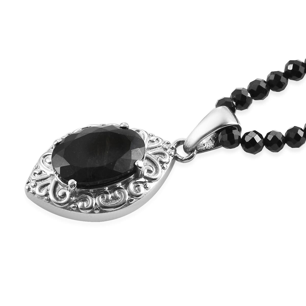 Australian Black Tourmaline 67.75 ctw Pendant With Quartzite Beaded Necklace 20 Inches in Stainless Steel image number 5