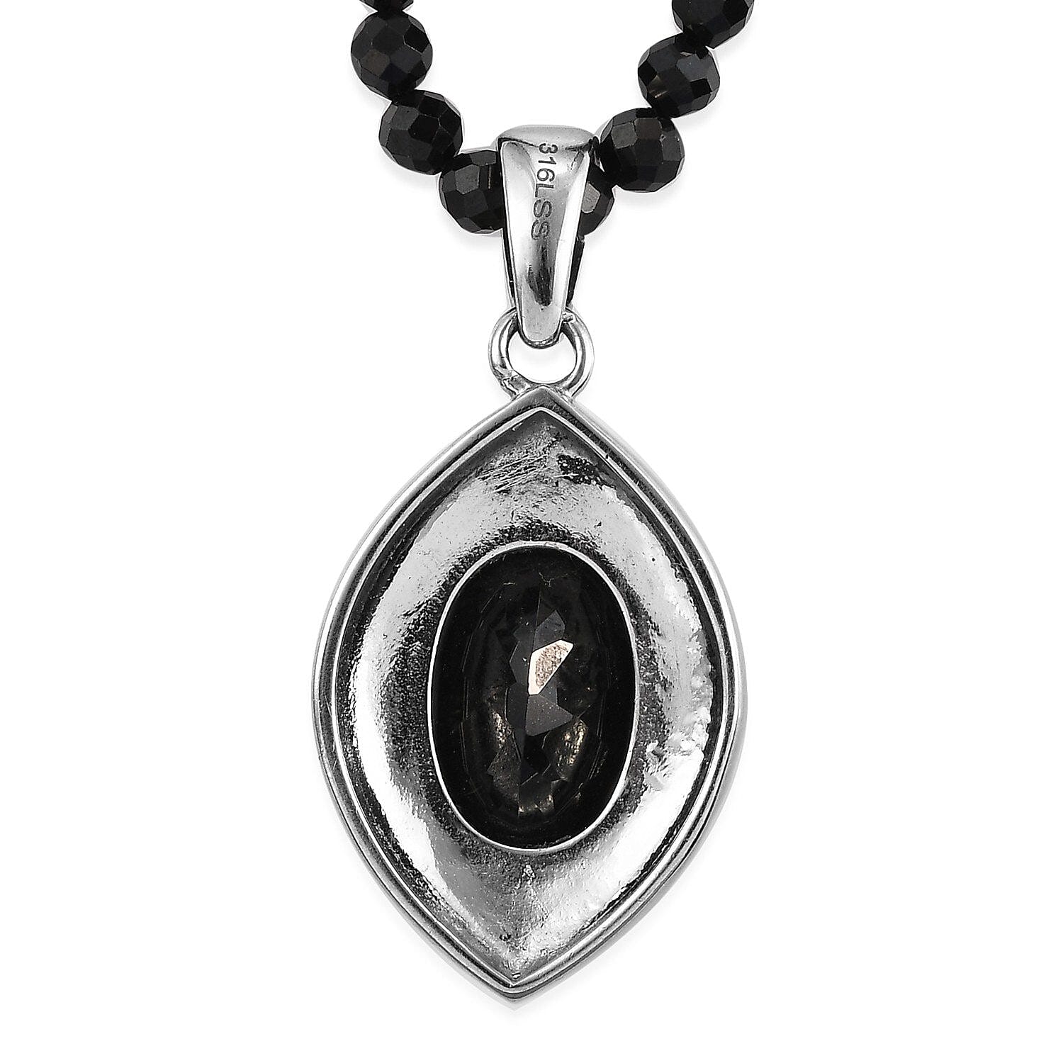 Australian Black Tourmaline 67.75 ctw Pendant With Quartzite Beaded Necklace 20 Inches in Stainless Steel