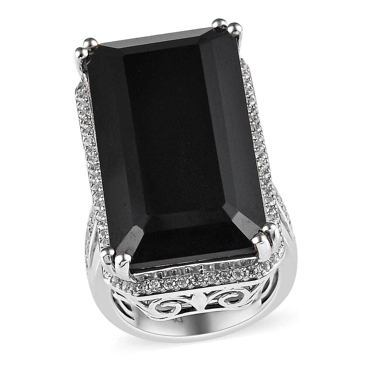 Thai Black Spinel and Natural White Zircon Elongated Ring in Platinum Over Sterling Silver (Size 10.0) 51.60 ctw