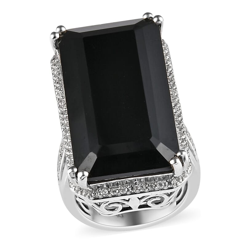 Thai Black Spinel and Natural White Zircon Elongated Ring in Platinum Over Sterling Silver (Size 10.0) 51.60 ctw