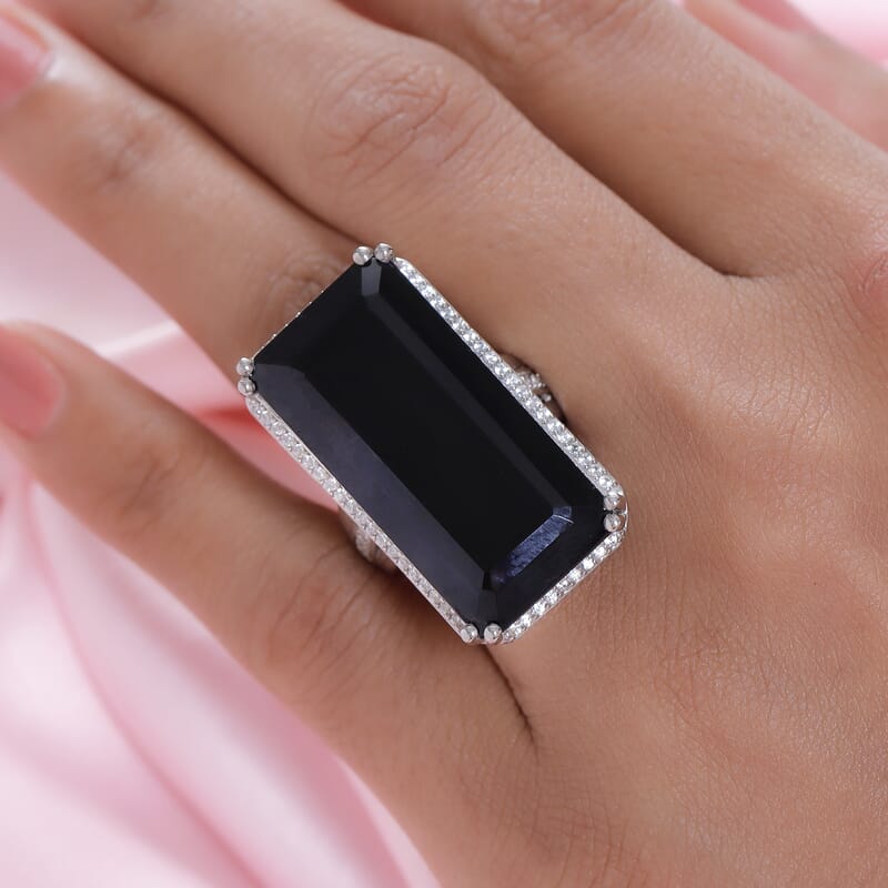 Thai Black Spinel and Natural White Zircon Elongated Ring in Platinum Over Sterling Silver (Size 10.0) 51.60 ctw