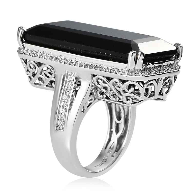 Thai Black Spinel and Natural White Zircon Elongated Ring in Platinum Over Sterling Silver (Size 10.0) 51.60 ctw