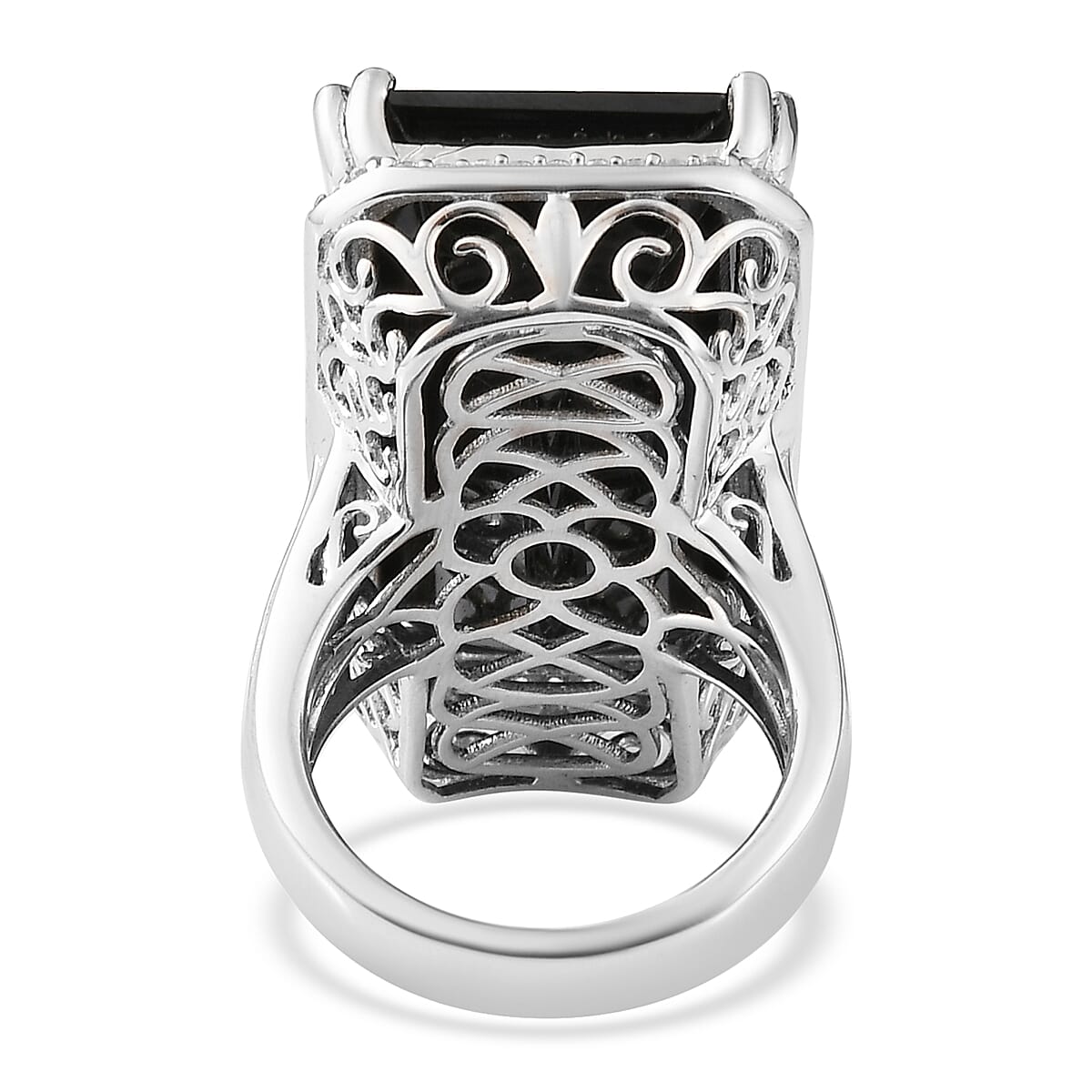 Thai Black Spinel and Natural White Zircon Elongated Ring in Platinum Over Sterling Silver (Size 10.0) 51.60 ctw