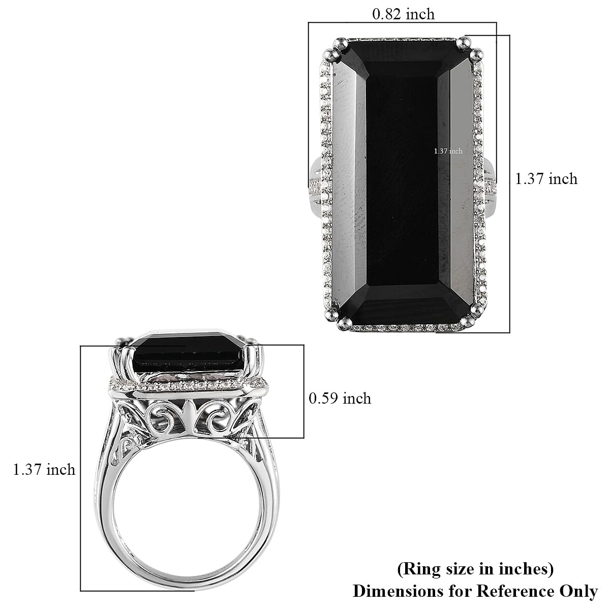 Thai Black Spinel and Natural White Zircon Elongated Ring in Platinum Over Sterling Silver (Size 10.0) 51.60 ctw
