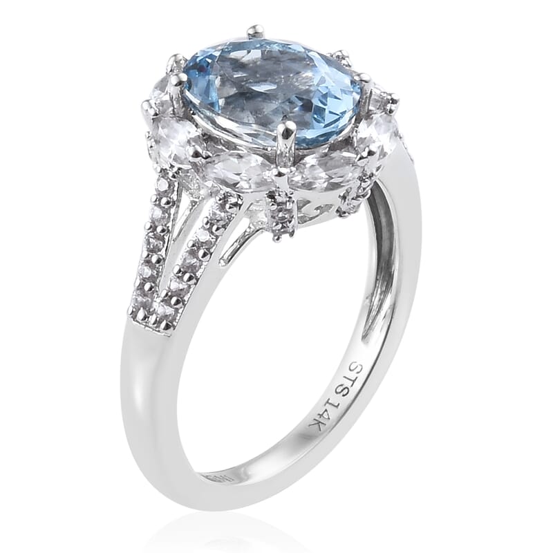 14K White Gold Premium Santa Maria Aquamarine and Zircon Ring (Size 6.0) 3.00 ctw
