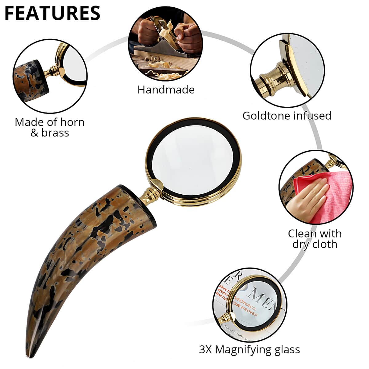 Handcrafted Goldtone 3X Magnifying Glass with Buffalo Horn Handle image number 2