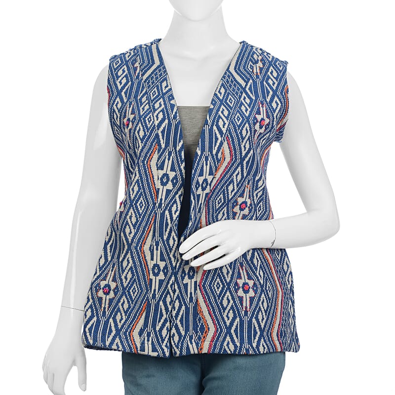 Blue Geometric Woven Vest- S (Polyester/Cotton)