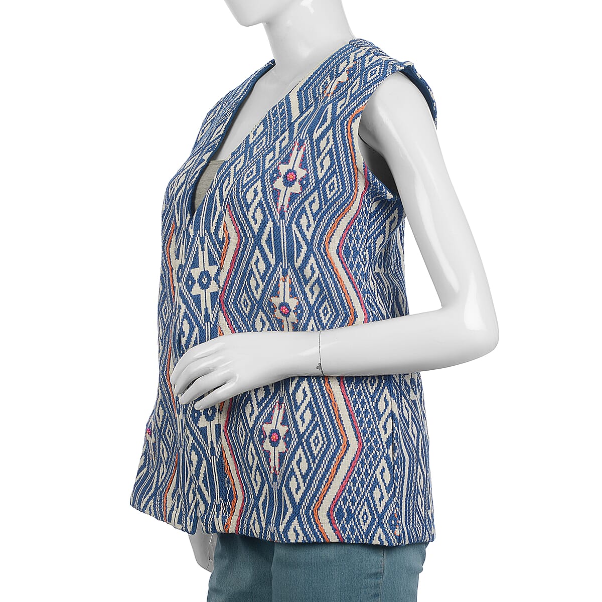 Blue Geometric Woven Vest- S (Polyester/Cotton) image number 2