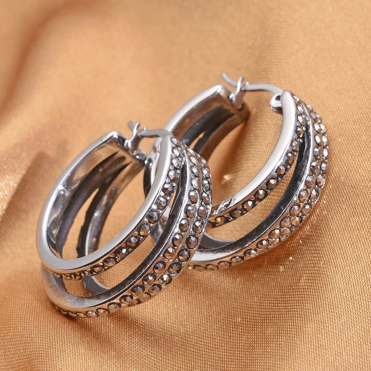 Hematite Earrings in Black Oxidized Stainless Steel, Hematite Hoops For Women  2.00 ctw image number 1
