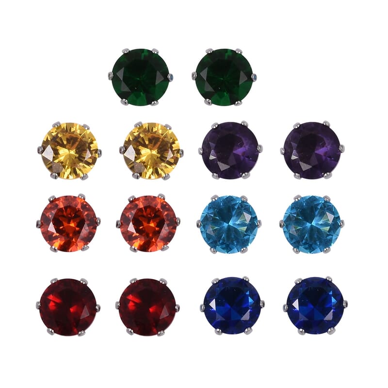 Set of 7 Simulated Multi Color Diamond Stud Earrings in Stainless Steel 31.65 ctw