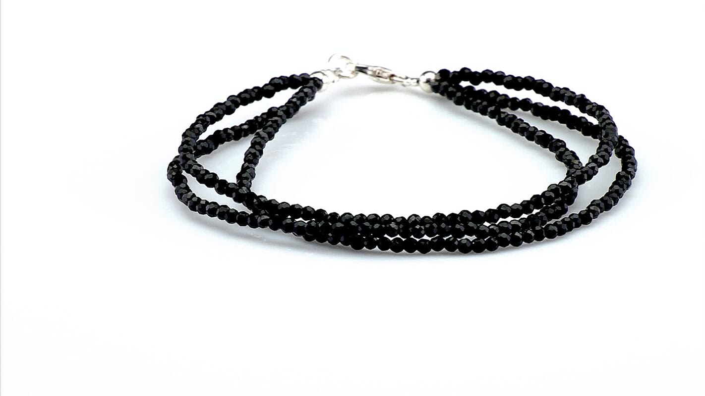 22.00 ctw Natural Thai Black Spinel Bead Diamond Cut Bracelet in Sterling Silver (7.50 In)