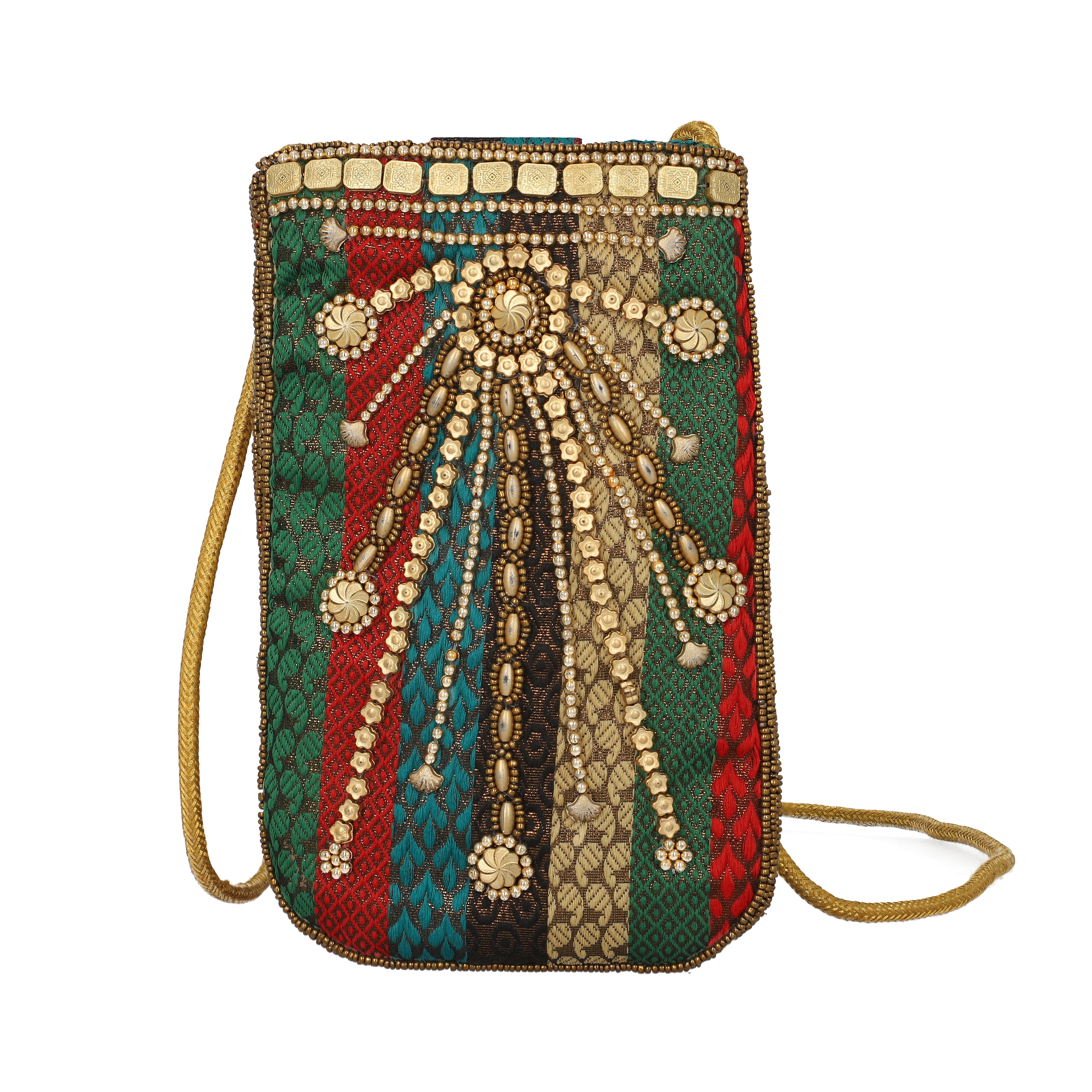 Multi Color Brocade Fabric, Beaded Pouch