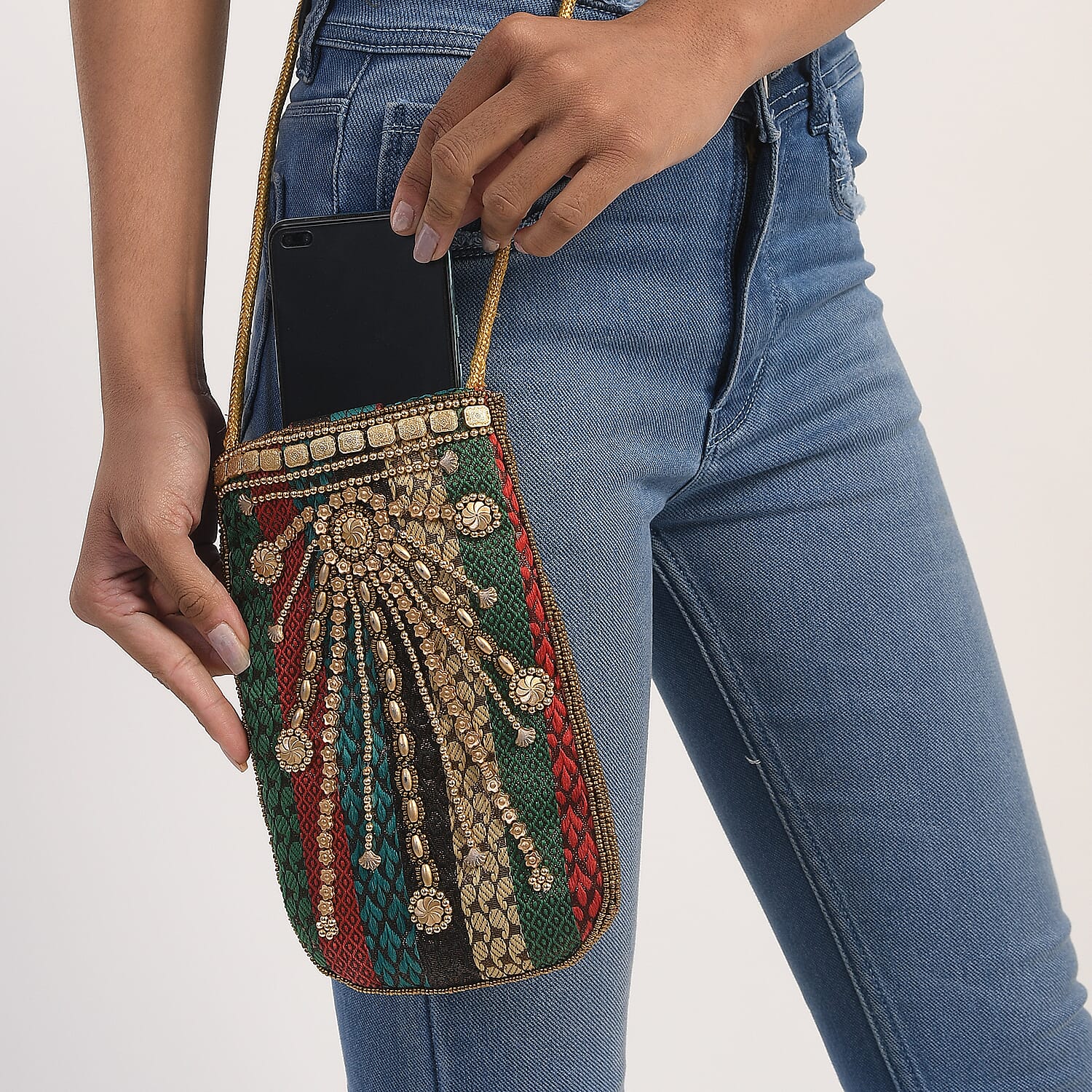 Multi Color Brocade Fabric, Beaded Pouch