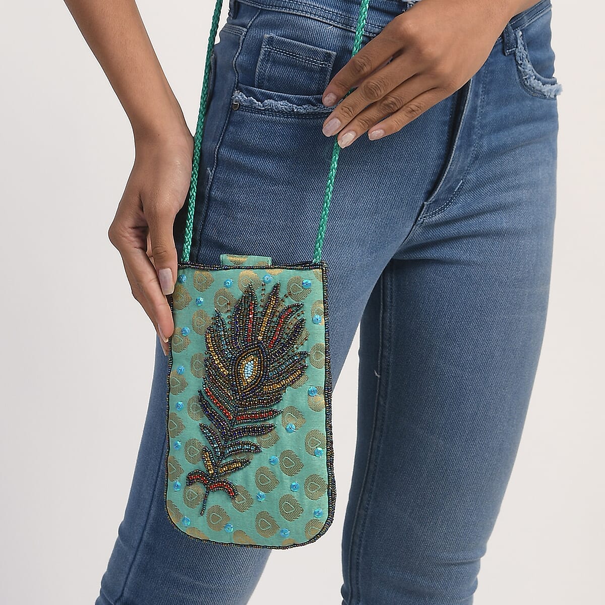 Turquoise Brocade Fabric, Beaded Pouch image number 1