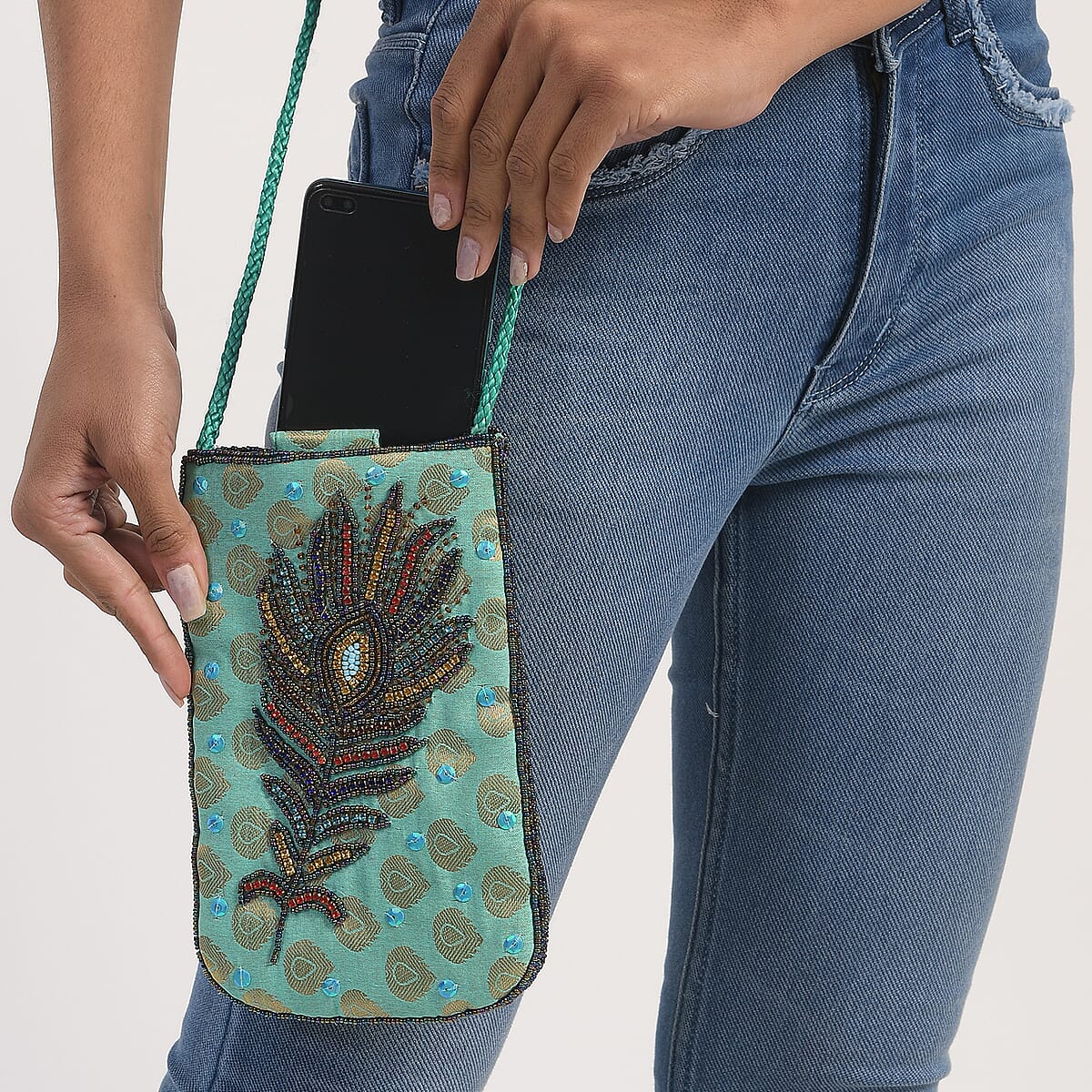 Turquoise Brocade Fabric, Beaded Pouch image number 2