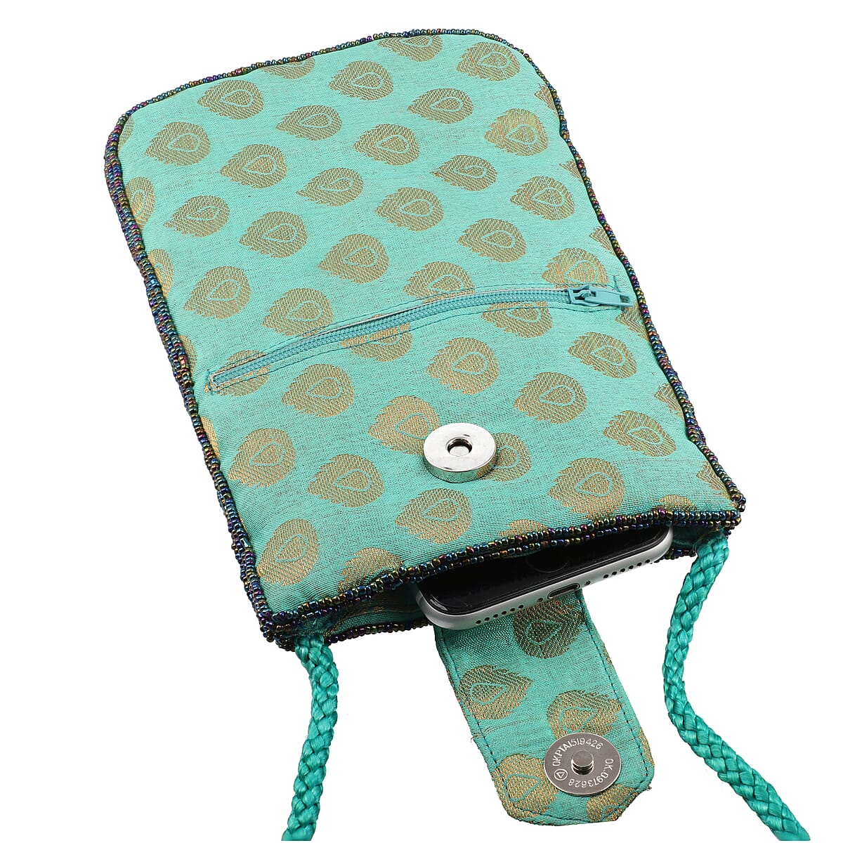 Turquoise Brocade Fabric, Beaded Pouch image number 4