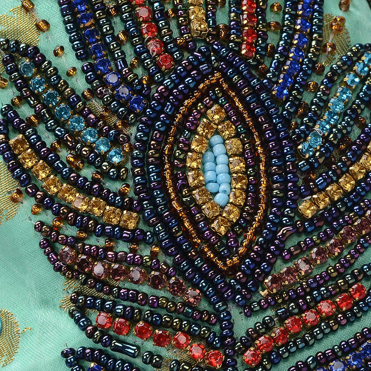 Turquoise Brocade Fabric, Beaded Pouch image number 5