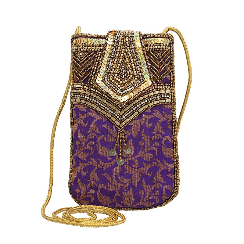 Purple Brocade Fabric, Beaded Pouch