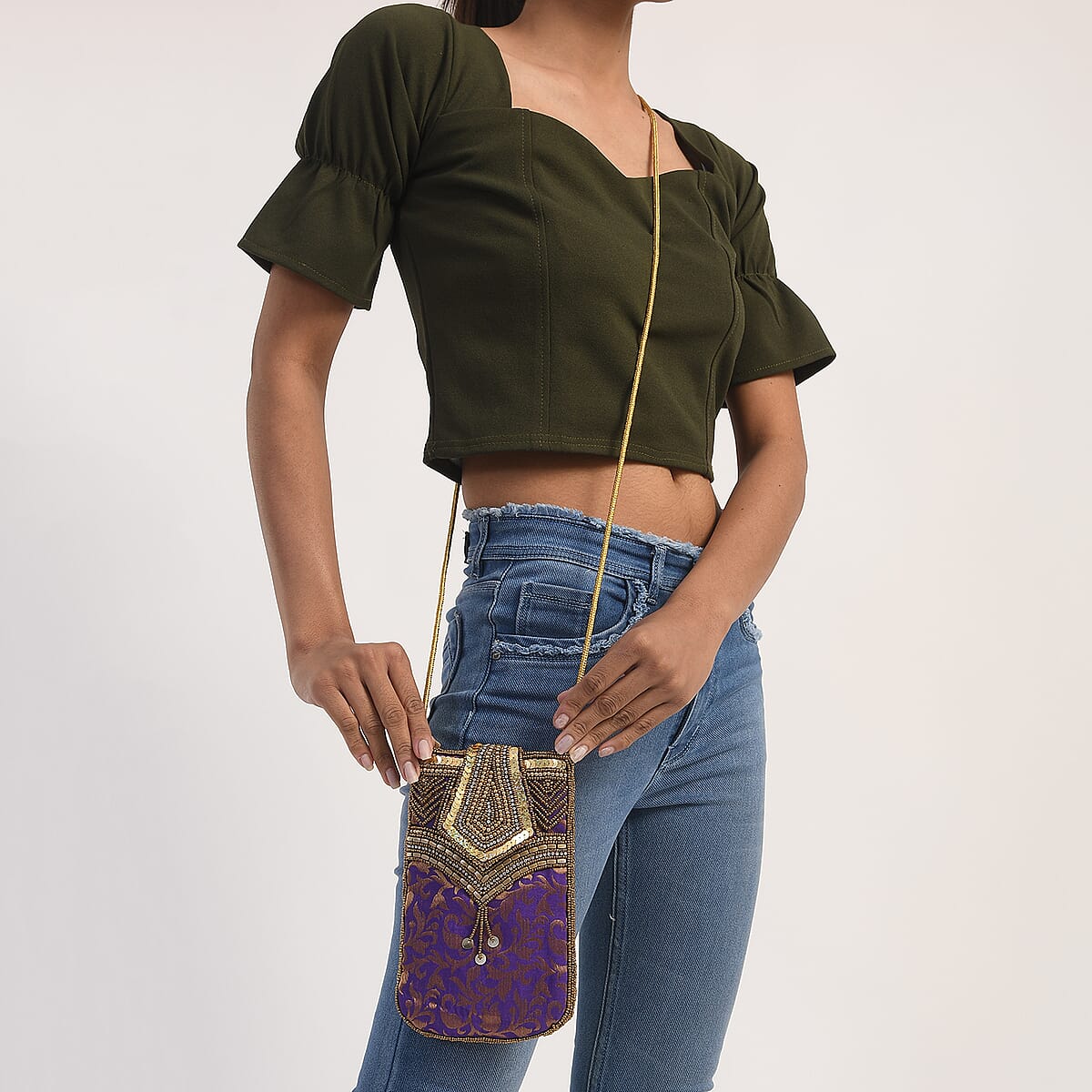 Purple Brocade Fabric, Beaded Pouch image number 1