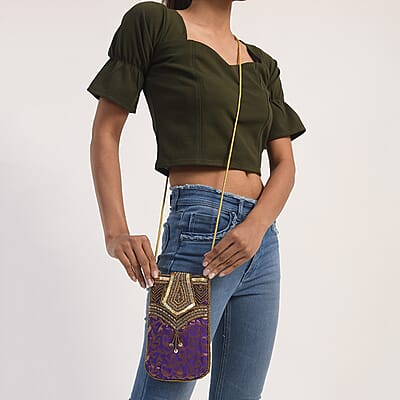 Purple Brocade Fabric, Beaded Pouch