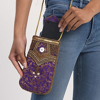 Purple Brocade Fabric, Beaded Pouch