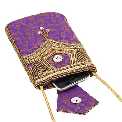 Purple Brocade Fabric, Beaded Pouch