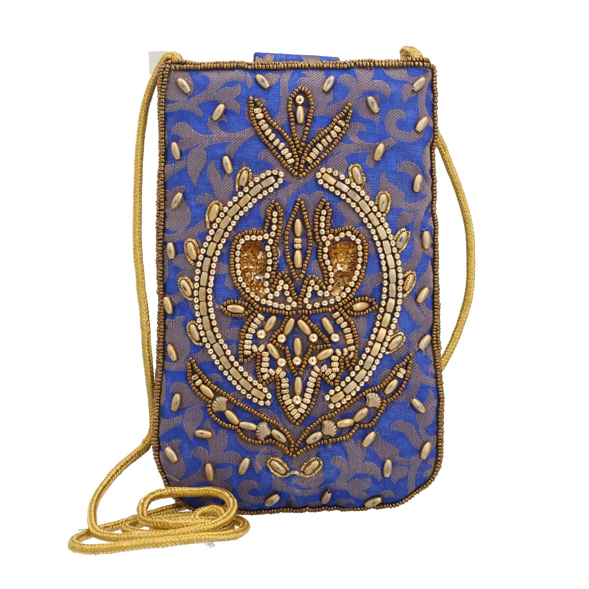 Royal Blue, Golden Damask Embroidered Crossbody Potli Pouch image number 0