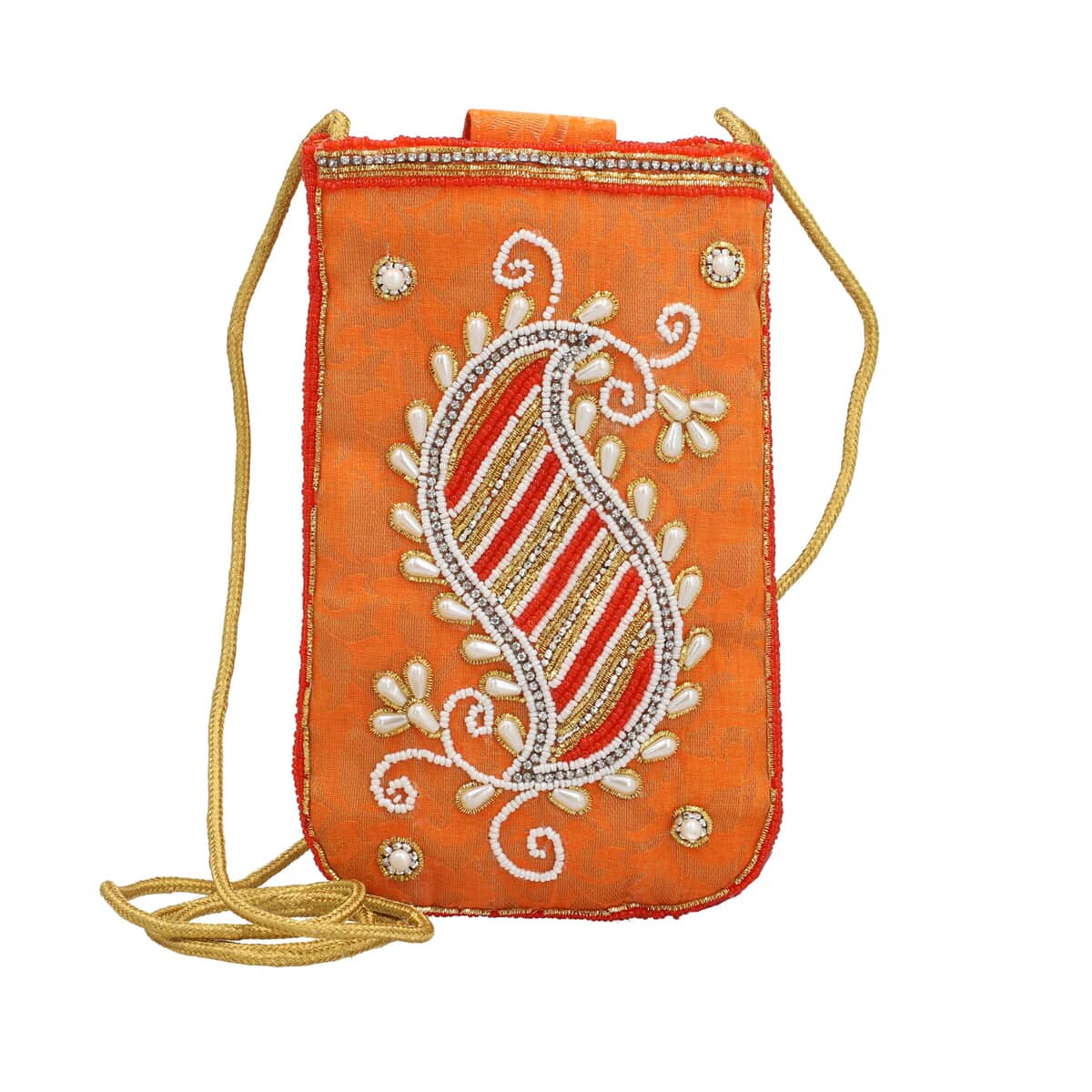 Orange, Golden Paisley Embroidered Crossbody Potli Pouch image number 0