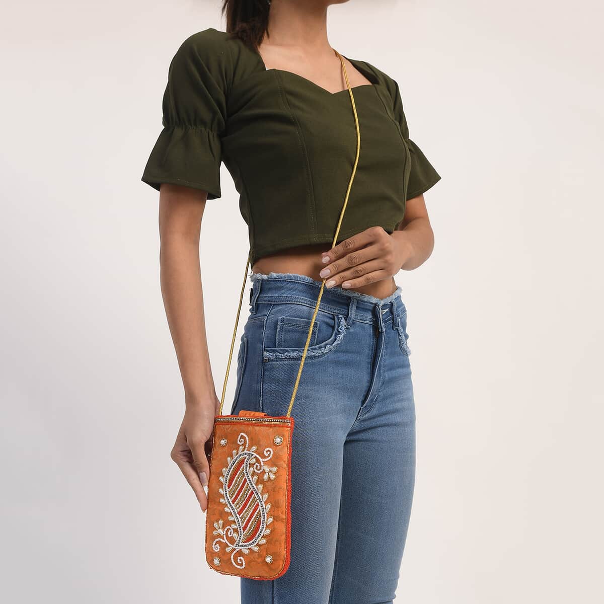 Orange, Golden Paisley Embroidered Crossbody Potli Pouch image number 1