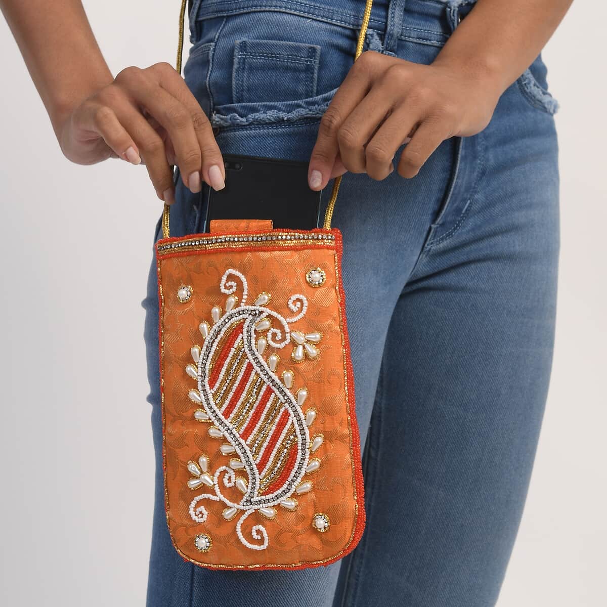 Orange, Golden Paisley Embroidered Crossbody Potli Pouch image number 2