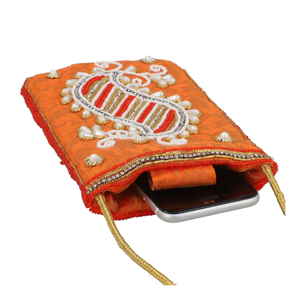 Orange, Golden Paisley Embroidered Crossbody Potli Pouch image number 4