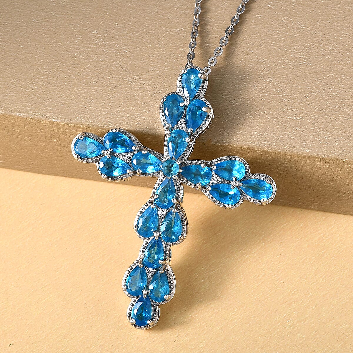 Malgache Neon Apatite and Cambodian Zircon Cross Pendant Necklace 20 Inches in Platinum Over Sterling Silver 4.00 ctw image number 1