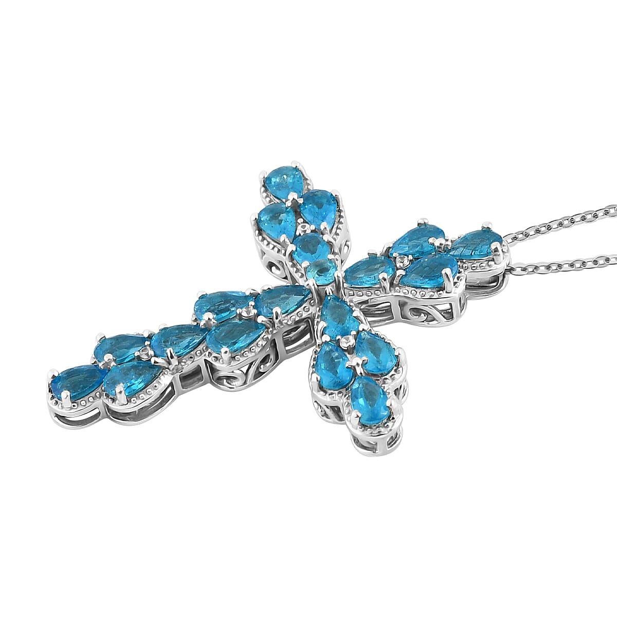 Malgache Neon Apatite and Cambodian Zircon Cross Pendant Necklace 20 Inches in Platinum Over Sterling Silver 4.00 ctw image number 3