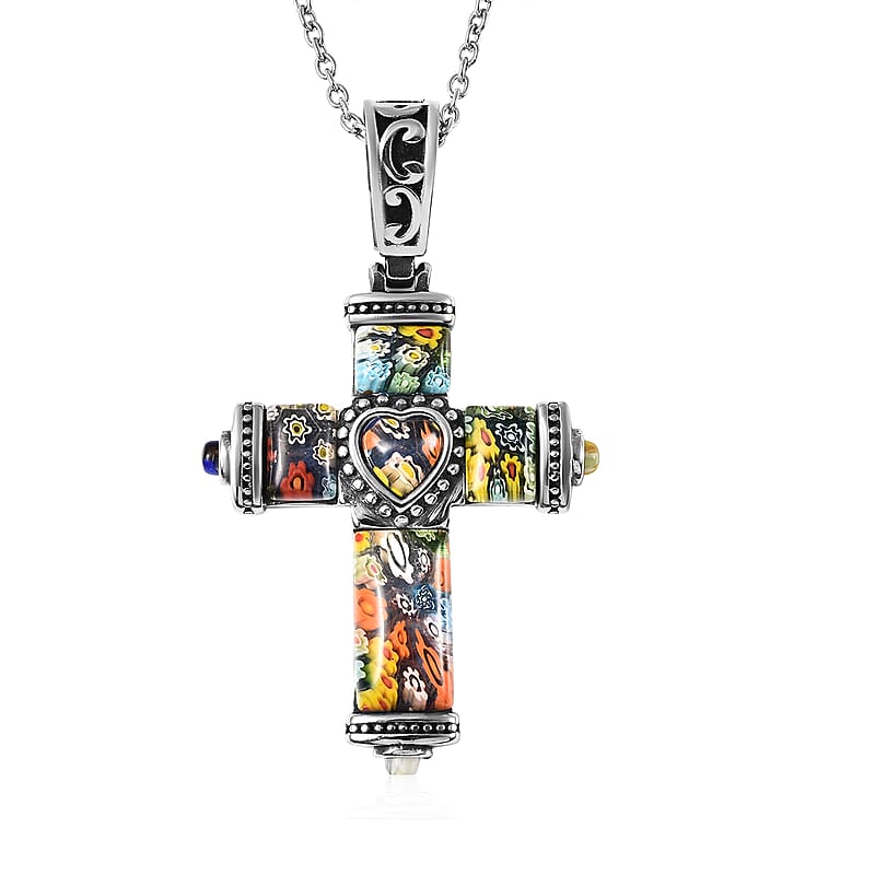 Multi Color Murano Style Cross Pendant Necklace in Black Oxidized Stainless Steel 20 Inches