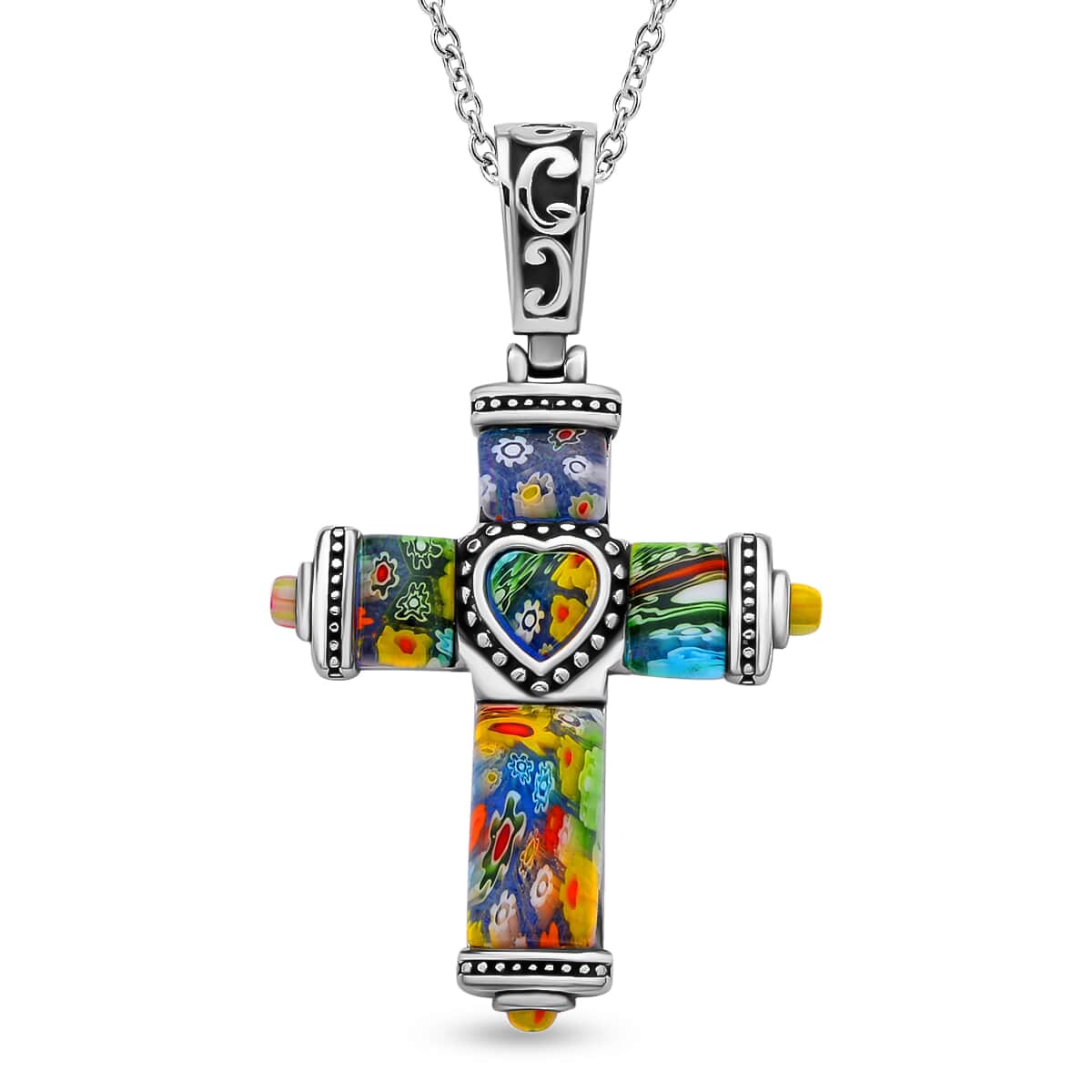 Multi Color Murano Style Cross Pendant Necklace 20 Inches in Black Oxidized Stainless Steel image number 0