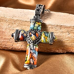 Multi Color Murano Style Cross Pendant Necklace in Black Oxidized Stainless Steel 20 Inches