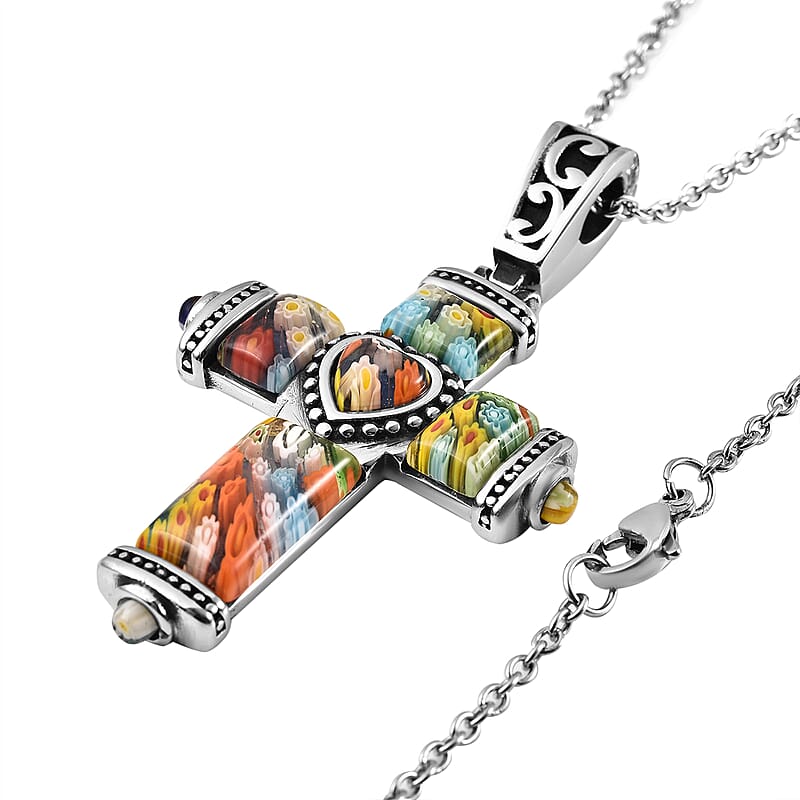 Multi Color Murano Style Cross Pendant Necklace in Black Oxidized Stainless Steel 20 Inches