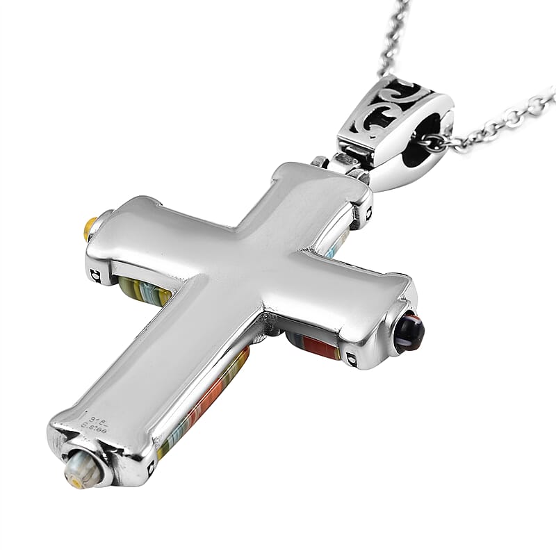 Multi Color Murano Style Cross Pendant Necklace in Black Oxidized Stainless Steel 20 Inches