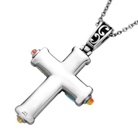 Multi Color Murano Style Cross Pendant Necklace 20 Inches in Black Oxidized Stainless Steel image number 4