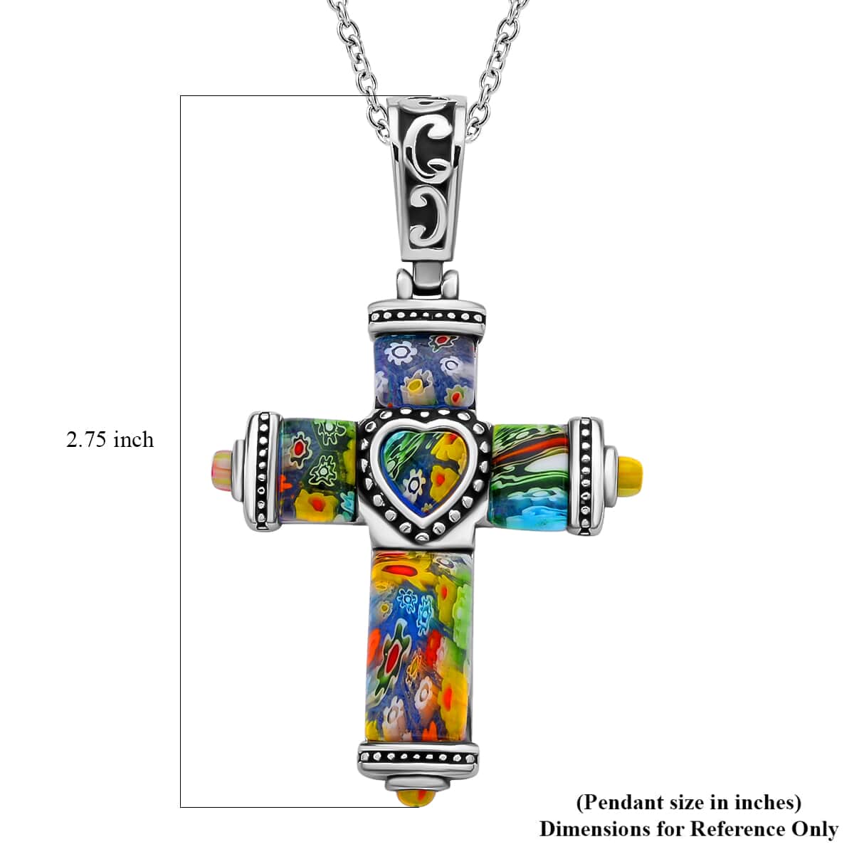 Multi Color Murano Style Cross Pendant Necklace in Black Oxidized Stainless Steel, Floral Millefiori Pendant Necklace, Sweatproof Hypoallergenic Necklace, Gift For Her 20 Inches image number 5