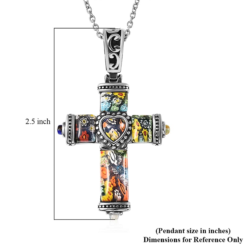 Multi Color Murano Style Cross Pendant Necklace in Black Oxidized Stainless Steel 20 Inches