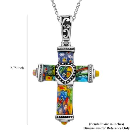 Multi Color Murano Style Cross Pendant Necklace 20 Inches in Black Oxidized Stainless Steel image number 5