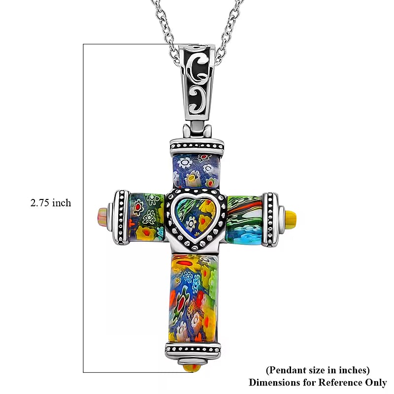 Multi Color Murano Style Cross Pendant Necklace in Black Oxidized Stainless Steel 20 Inches